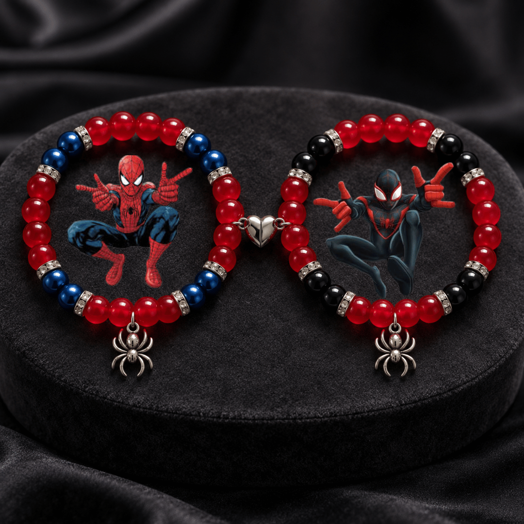 Spiderman and Hello Kitty matching bracelets on a pink heart tray - Beads by Nia