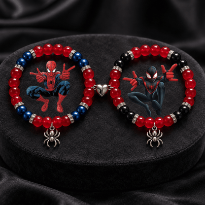 Spiderman and Hello Kitty matching bracelets on a pink heart tray - Beads by Nia