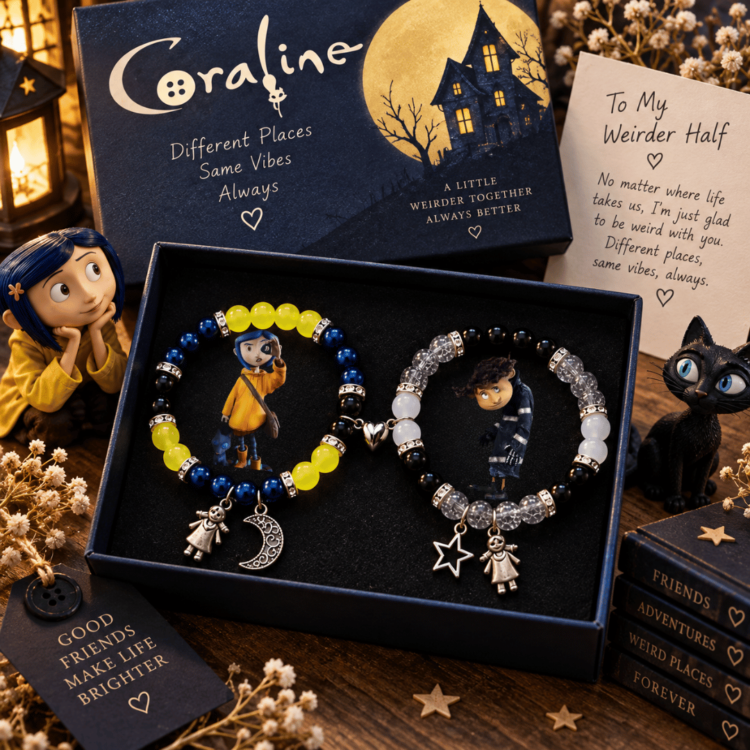Coraline and Wybie matching bracelets in a navy gift box with star charms - Beads by Nia