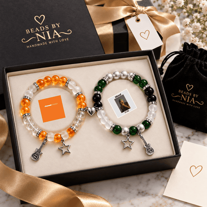 Frank Ocean album bracelets in orange and green with star and note charms - Beads by Nia