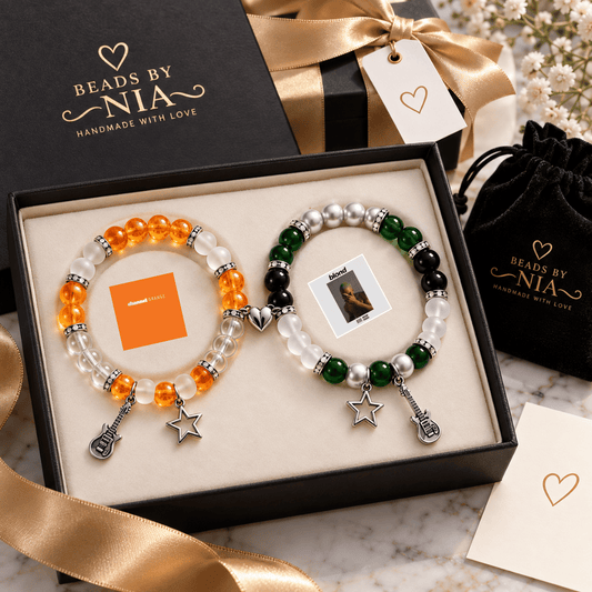 Frank Ocean album bracelets in orange and green with star and note charms - Beads by Nia