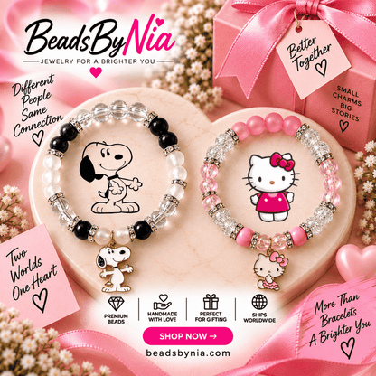 Black and pink Snoopy and Hello Kitty matching bracelets with silver charms - Beads by Nia