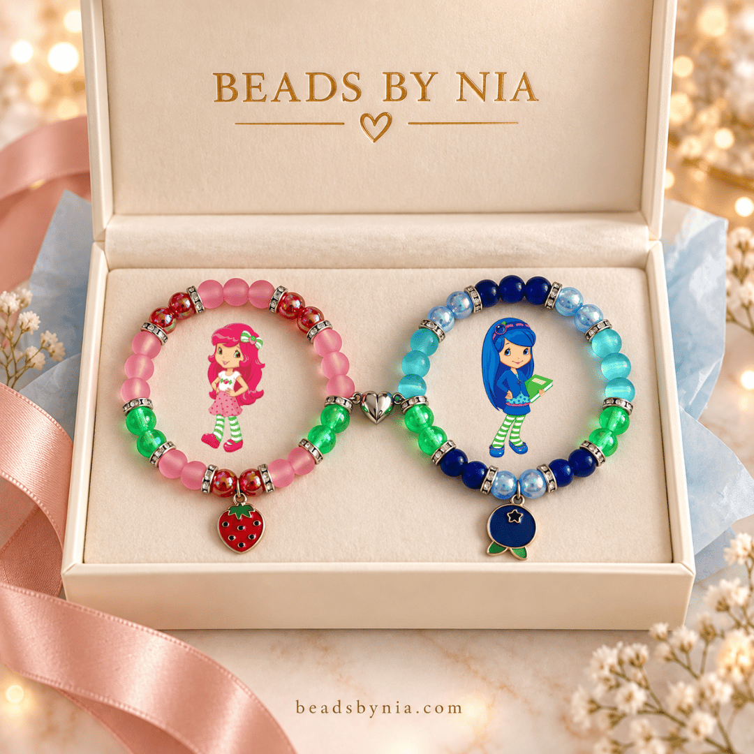 Strawberry Shortcake and Blueberry Muffin bracelets in a cream gift box - Beads by Nia