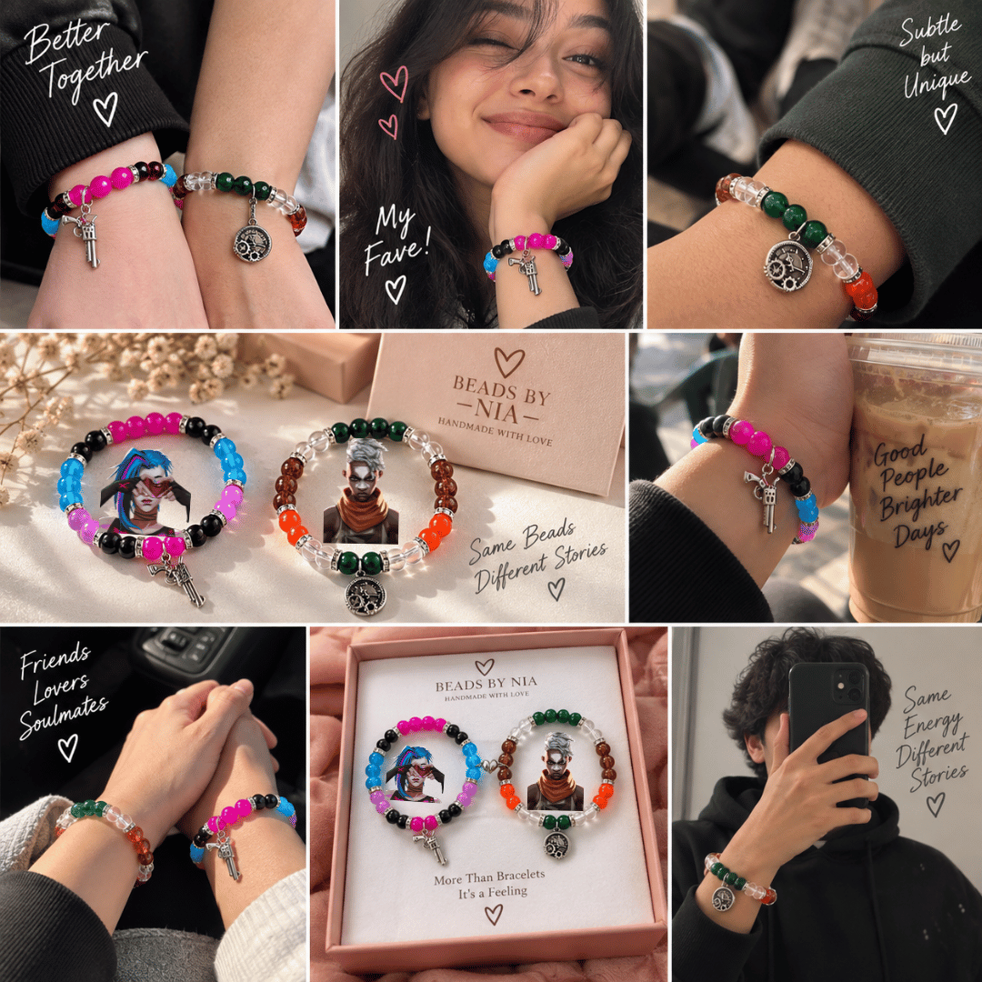 Collage of Jinx and Ekko matching bracelets worn, boxed and gifted - Beads by Nia