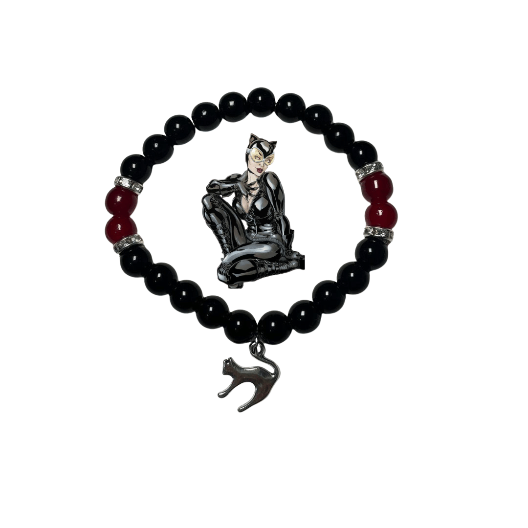 Catwoman beaded bracelet with red accents and a silver cat pendant - Beads by Nia