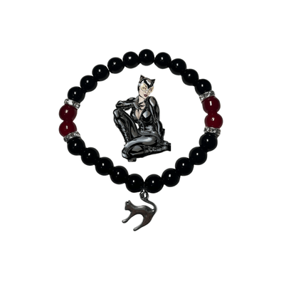 Catwoman beaded bracelet with red accents and a silver cat pendant - Beads by Nia