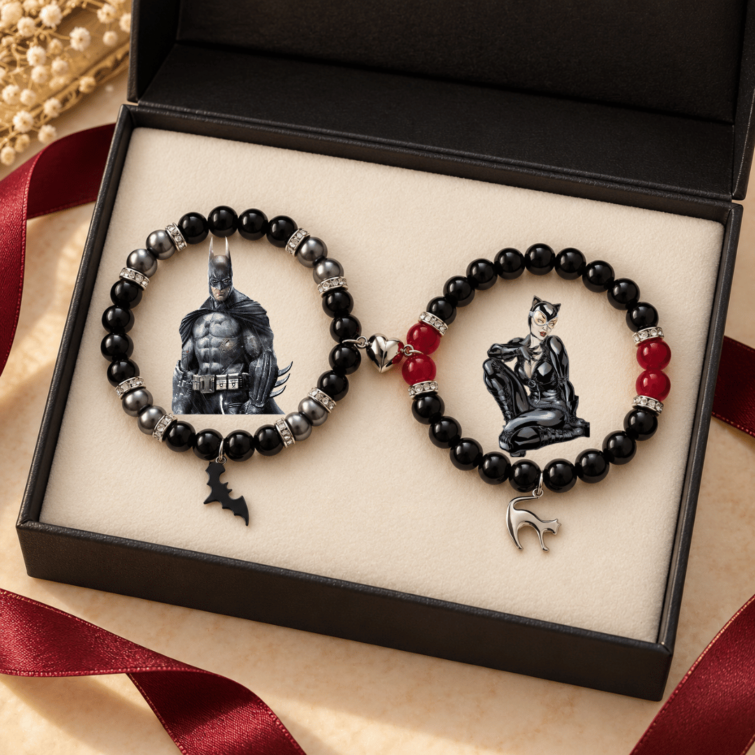 Catwoman and Batman beaded bracelet set in a gift box with red satin - Beads by Nia