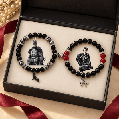 Catwoman and Batman beaded bracelet set in a gift box with red satin - Beads by Nia