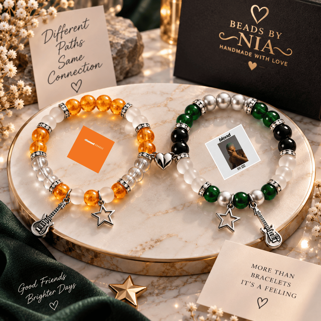 Channel Orange and Blond bracelets on stone with a friendship gift tag - Beads by Nia