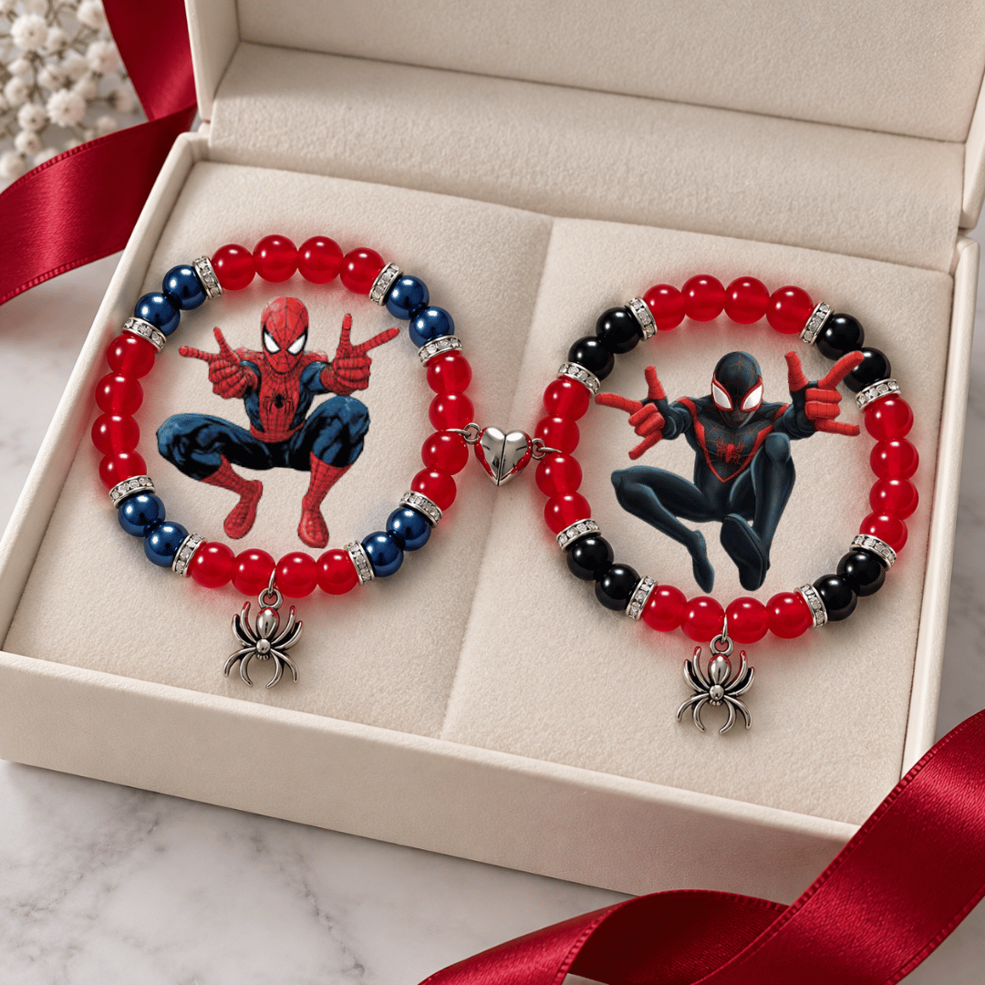 Two Spiderman beaded bracelets on black velvet with silver spider charms - Beads by Nia