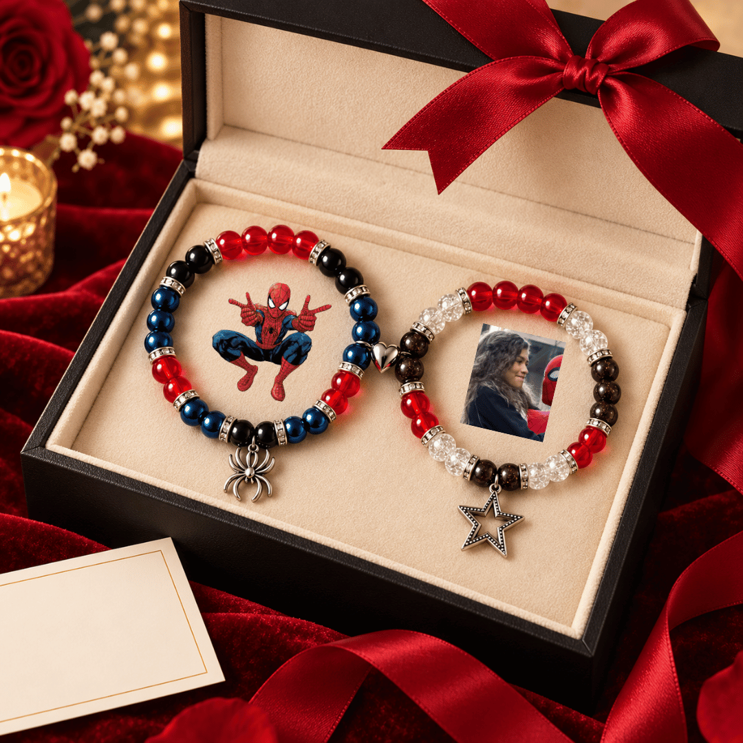 Spiderman and MJ bracelets in a cream gift box with red velvet backdrop - Beads by Nia