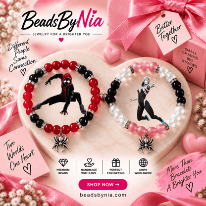 Miles and Gwen matching bracelets in red, black and pink with character art - Beads by Nia