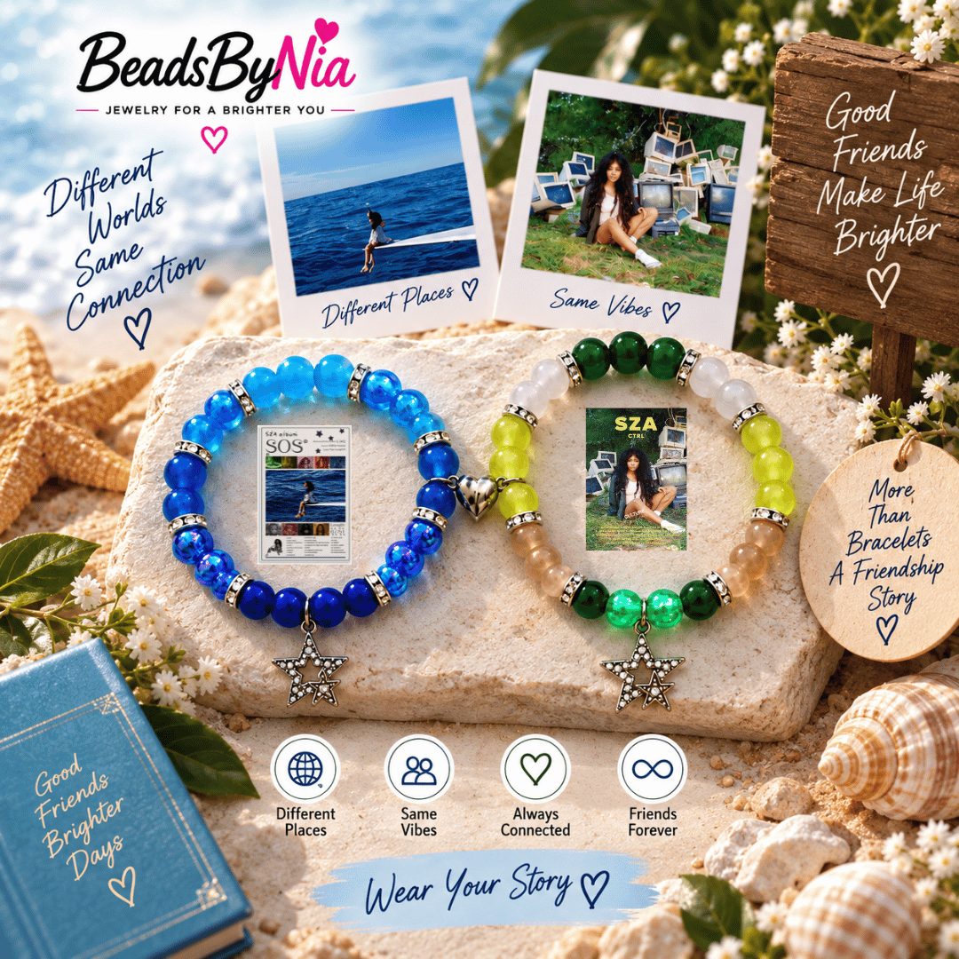 SZA bracelet pair in blue and green beads with album art and star pendants - Beads by Nia