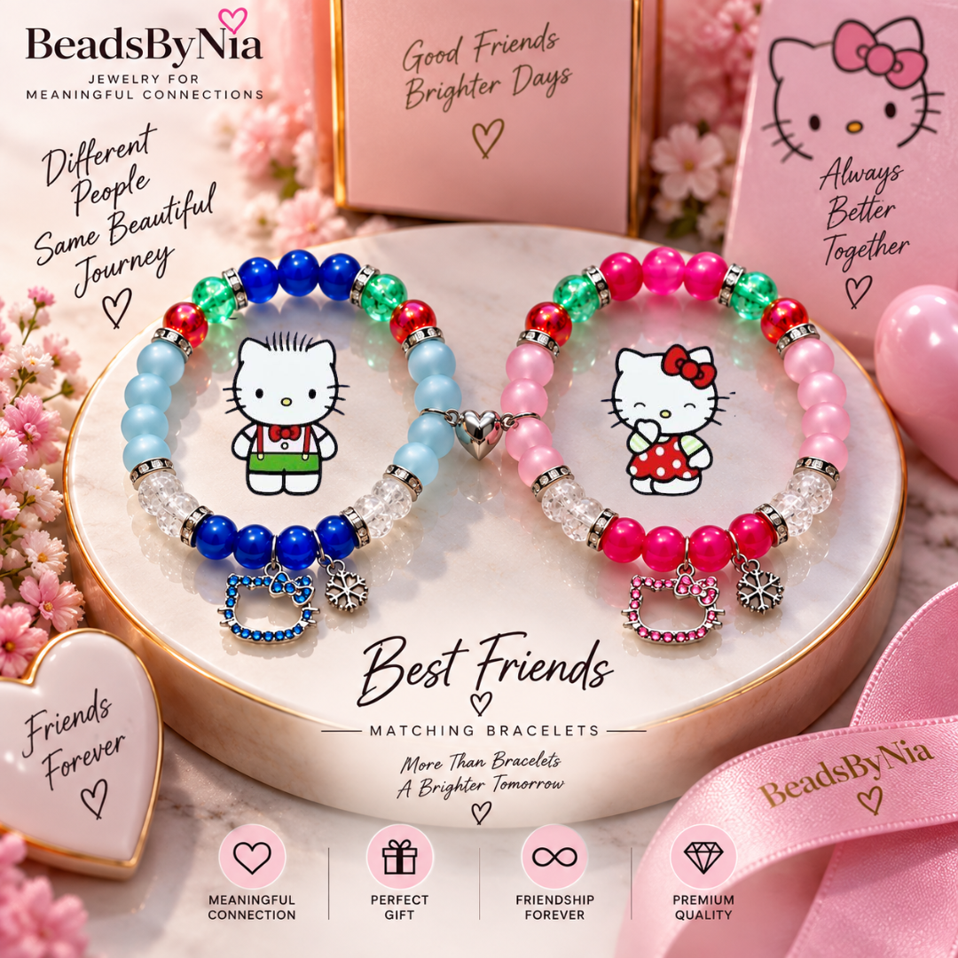 Festive Dear Daniel and Hello Kitty bracelets on a cream best friends display - Beads by Nia