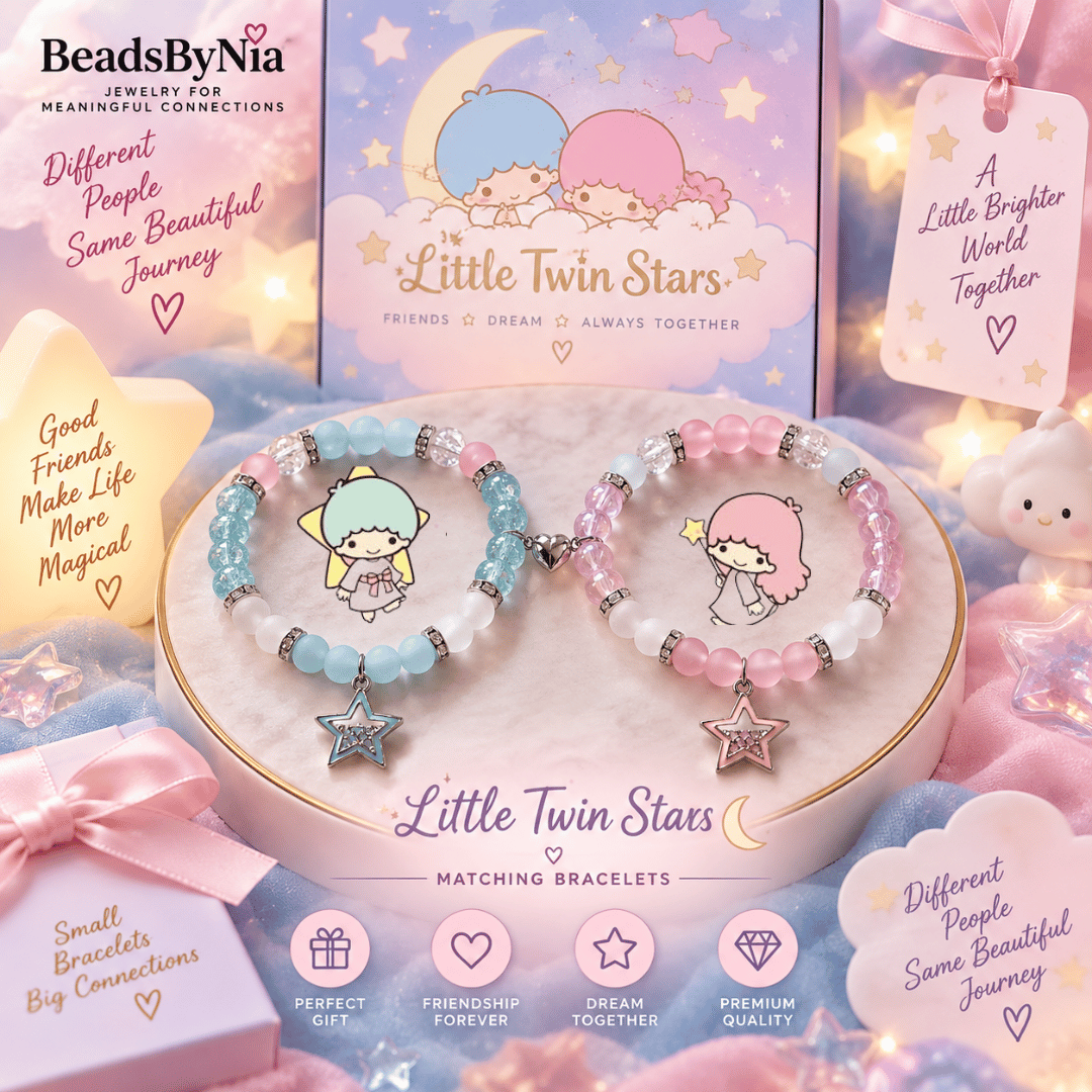 Little Twin Stars Kiki and Lala bracelets on a cream display with star charms - Beads by Nia
