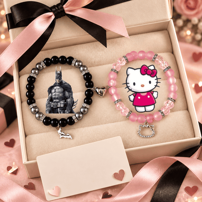 Hello Kitty and Spiderman matching bracelets with a heart clasp connector - Beads by Nia