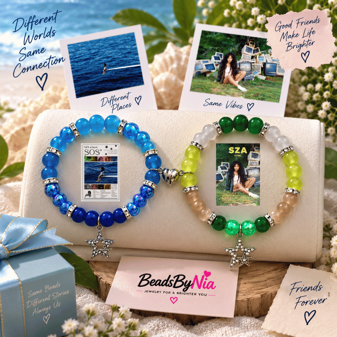 Blue and green SZA beaded bracelets with album art charms on a seaside display - Beads by Nia