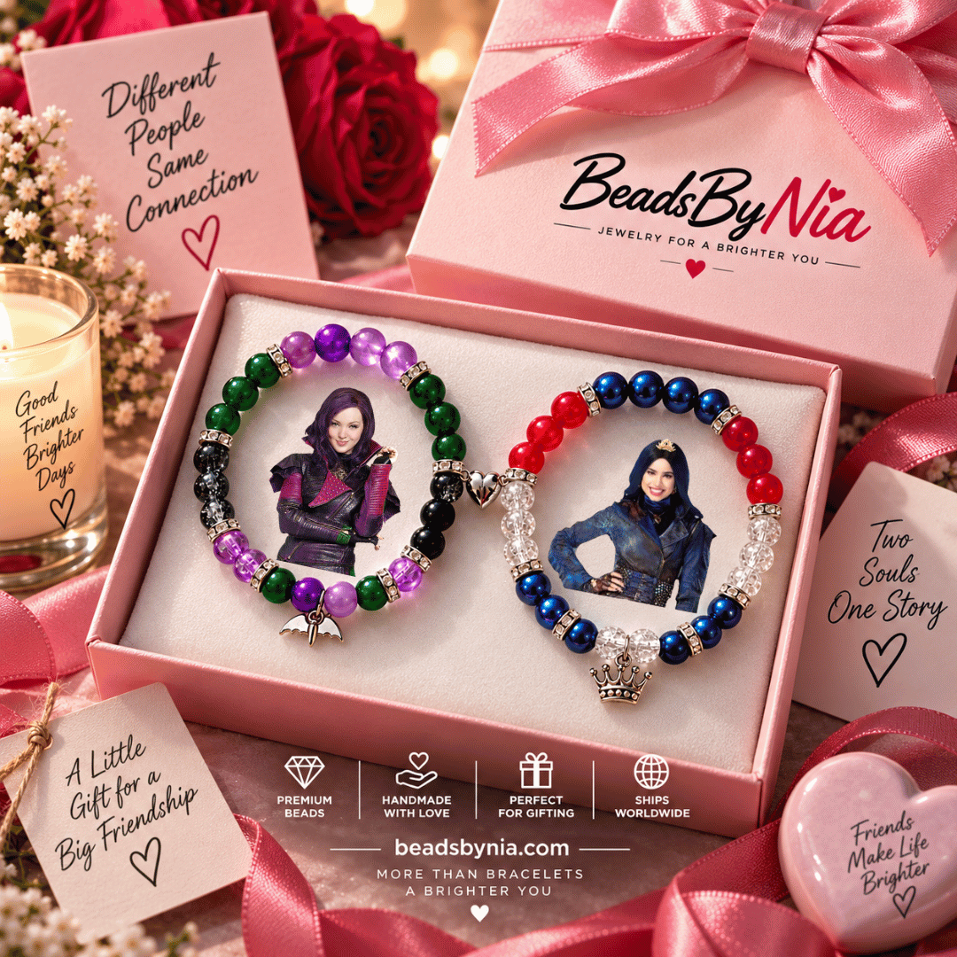 Mal and Evie bracelets boxed with a red rose and a gift card - Beads by Nia