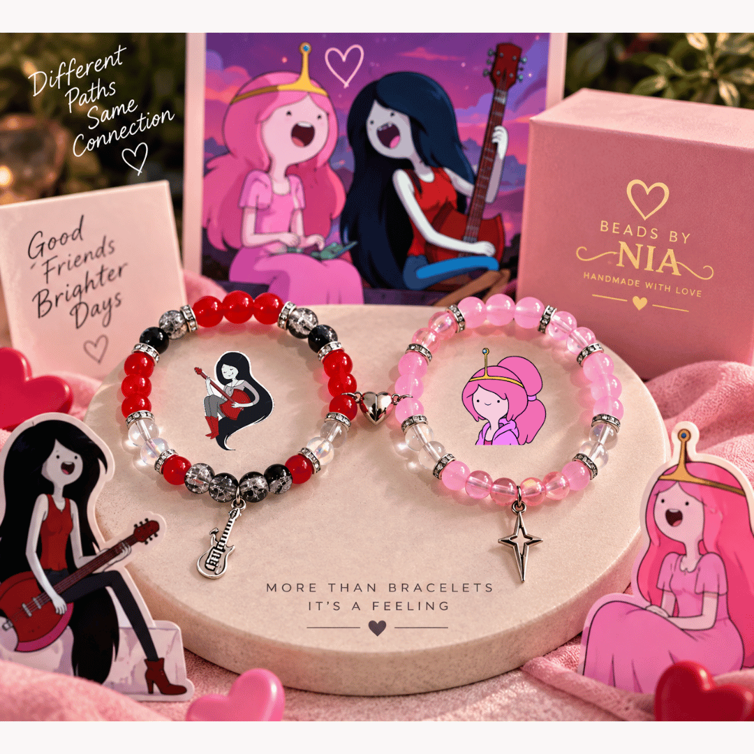 Marceline and Bubblegum bracelet set on a pink display with character cards - Beads by Nia