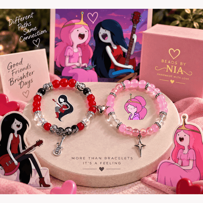 Marceline and Bubblegum bracelet set on a pink display with character cards - Beads by Nia