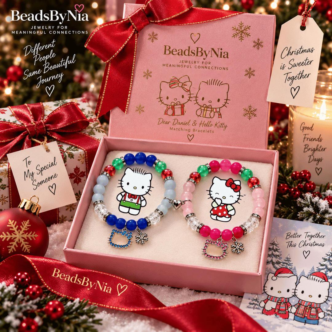 Christmas Dear Daniel and Hello Kitty bracelets in a festive pink gift box - Beads by Nia