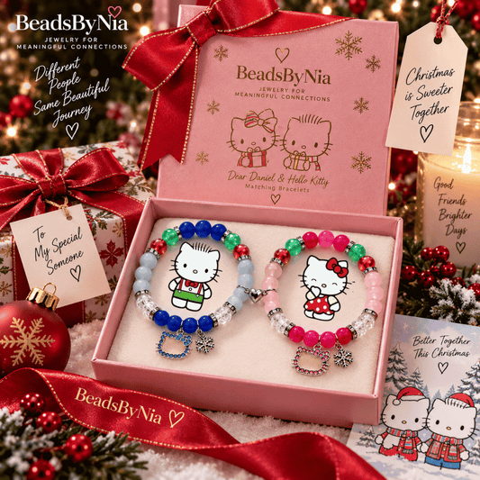 Christmas Dear Daniel and Hello Kitty bracelets in a festive pink gift box - Beads by Nia