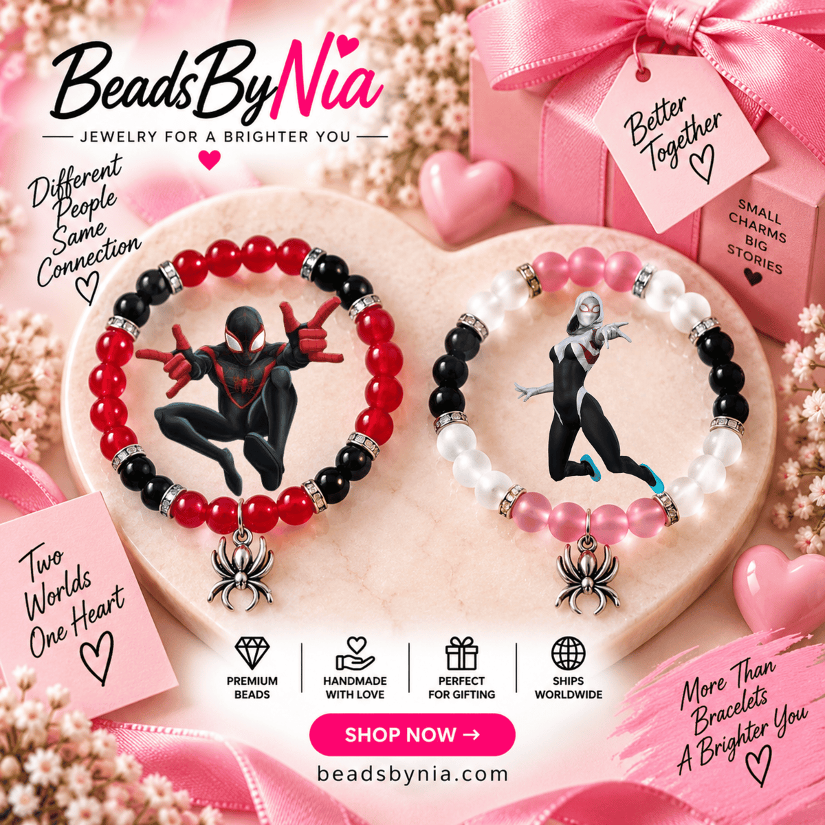 Miles Morales and Gwen Spiderverse bracelets on a pink heart display - Beads by Nia
