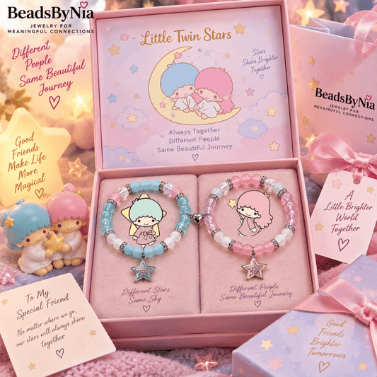 Little Twin Stars matching bracelets in a pastel gift box with ribbon - Beads by Nia