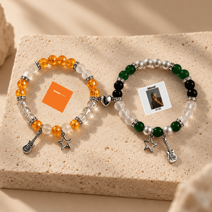 Frank Ocean matching bracelets with album art charms on cream stone - Beads by Nia