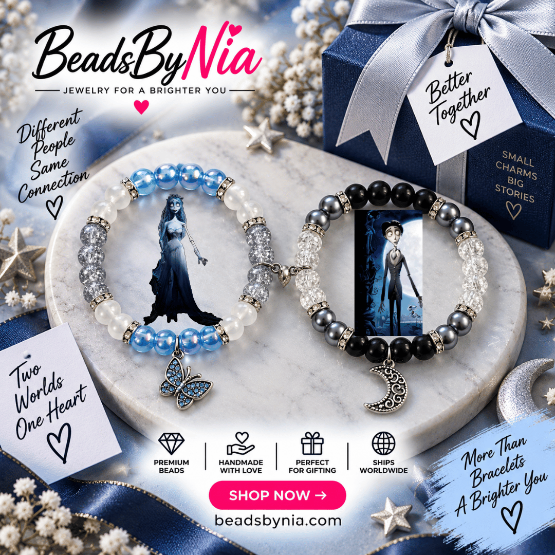 Emily and Victor matching bracelets in blue and black with character art - Beads by Nia