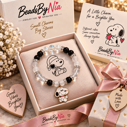 Snoopy bracelet in a pink gift box with pearls and a friendship card - Beads by Nia