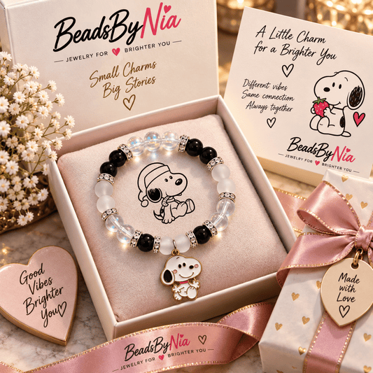 Snoopy bracelet in a pink gift box with pearls and a friendship card - Beads by Nia