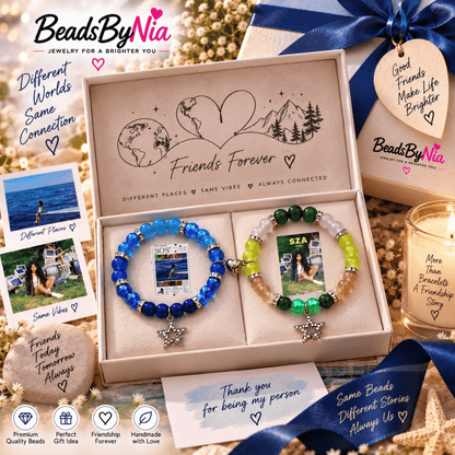 SZA bracelet set in a cream gift box with photo cards and a friends tag - Beads by Nia