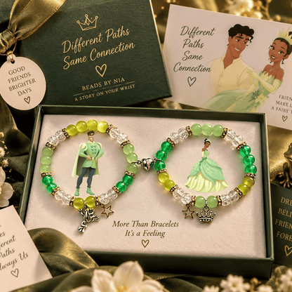 Tiana and Naveen matching bracelets in green with character art in a gift box - Beads by Nia