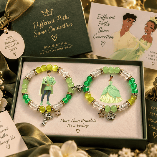 Tiana and Naveen matching bracelets in green with character art in a gift box - Beads by Nia