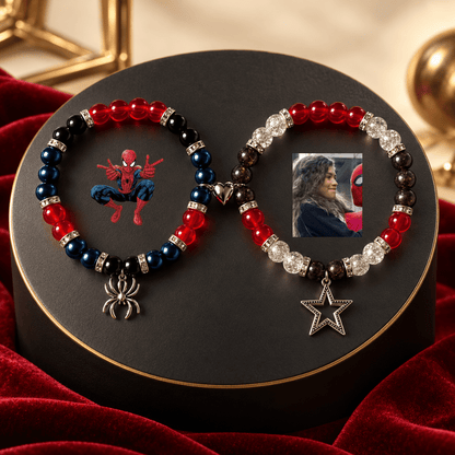 Spiderman and MJ matching bracelets on gold with spider and star charms - Beads by Nia