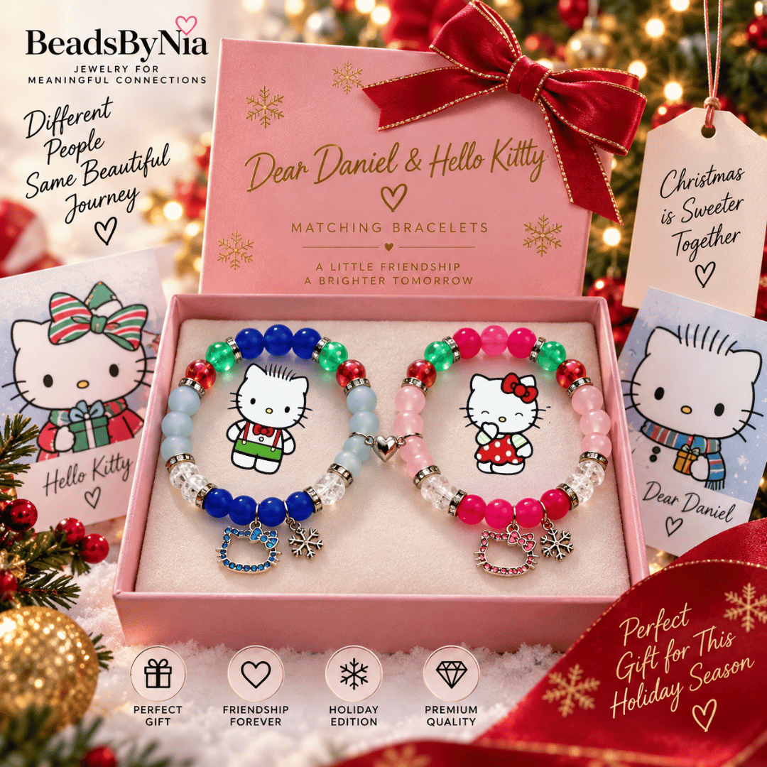 Christmas Dear Daniel and Hello Kitty matching bracelets with holiday cards - Beads by Nia