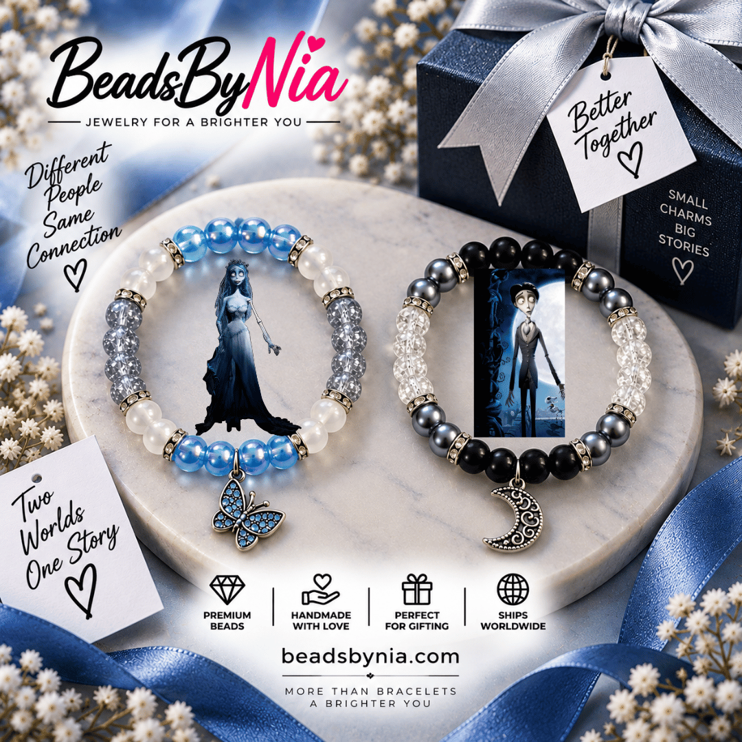 Emily and Victor bracelet set on blue satin with a ribbon gift tag - Beads by Nia
