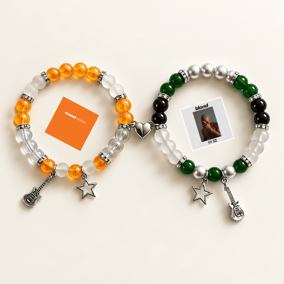 Orange and green Frank Ocean beaded bracelets with album art and star charms - Beads by Nia