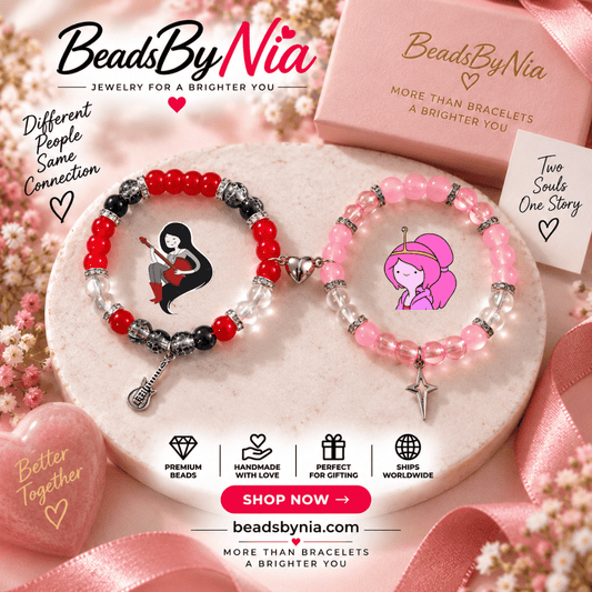Marceline and Bubblegum matching bracelets in red and pink with character art - Beads by Nia