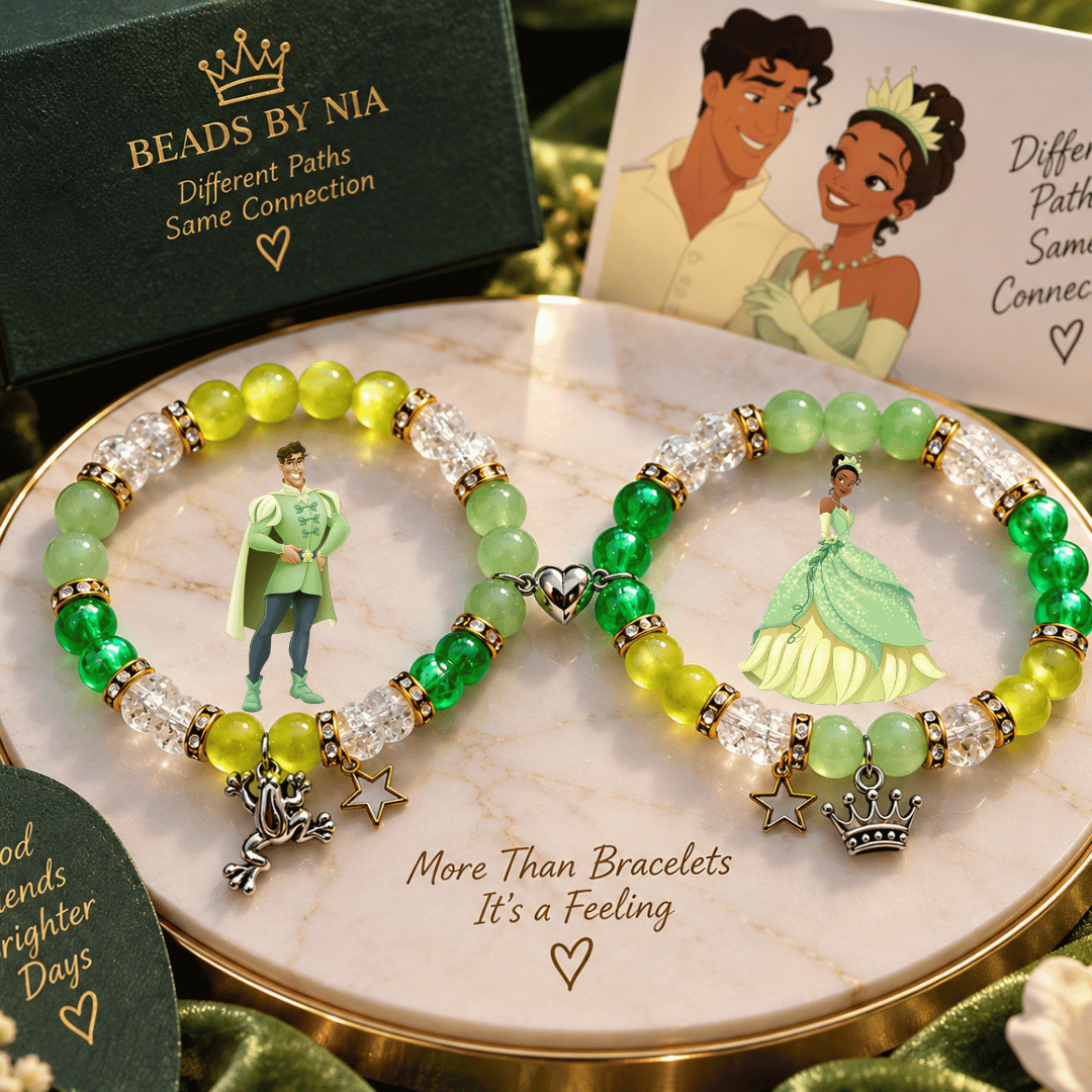 Tiana and Naveen beaded bracelets with frog and gown charms on gold - Beads by Nia