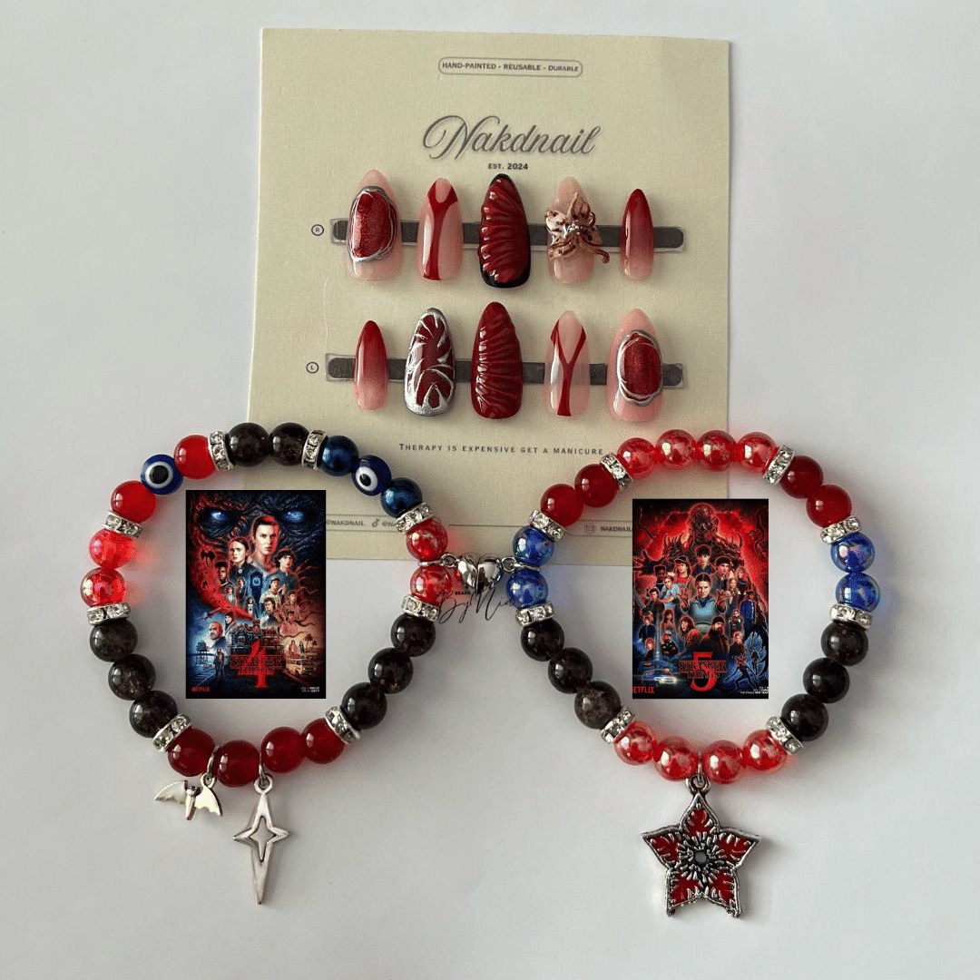Stranger Things matching bracelets and press-on nail set in red and black - Beads by Nia