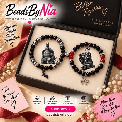 Catwoman and Batman matching bracelets in a black gift box with charms - Beads by Nia