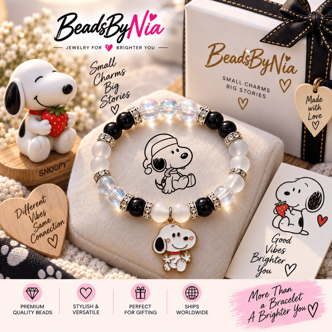 Snoopy beaded bracelet with a Snoopy charm, plush toy and black gift box - Beads by Nia