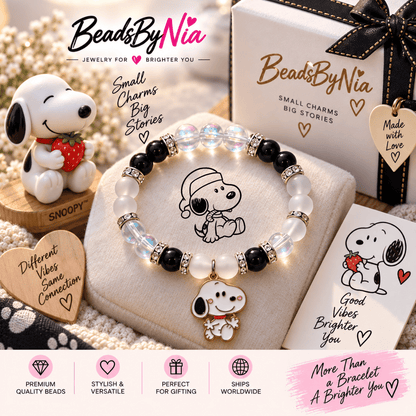 Snoopy beaded bracelet with a Snoopy charm, plush toy and black gift box - Beads by Nia