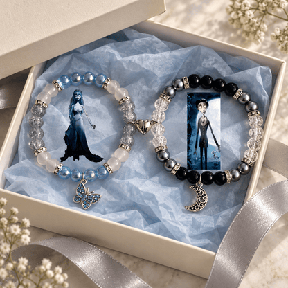 Emily and Victor matching bracelets in a white gift box with pearls - Beads by Nia