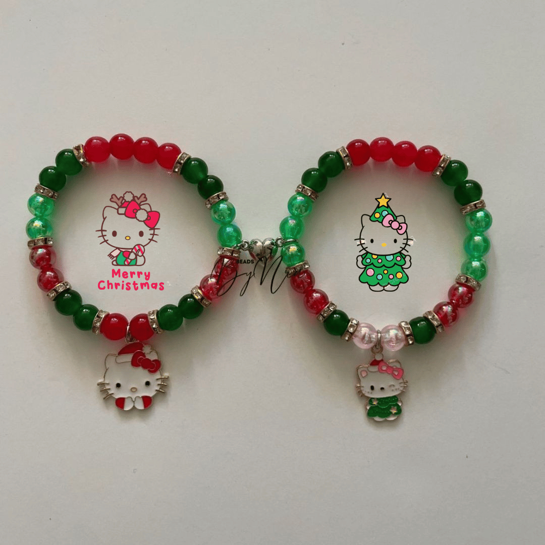 Two Christmas Hello Kitty beaded bracelets with festive character charms - Beads by Nia