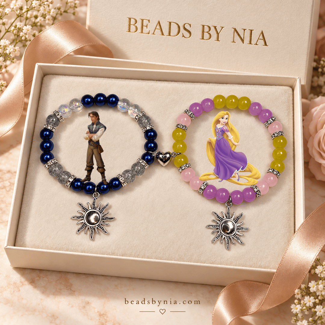 Rapunzel and Flynn bracelet pair in a cream gift box with satin ribbon - Beads by Nia