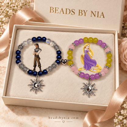 Rapunzel and Flynn bracelet pair in a cream gift box with satin ribbon - Beads by Nia
