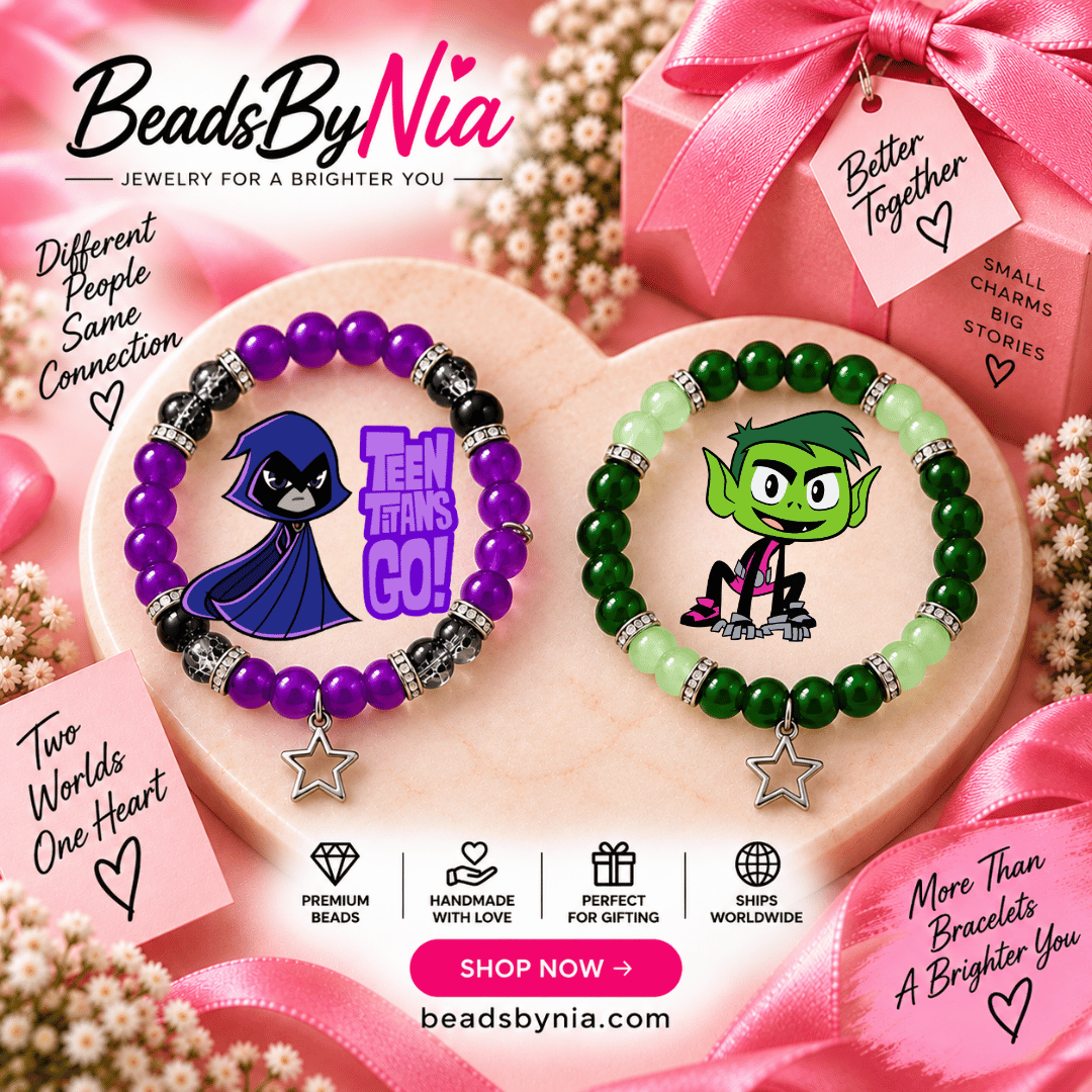 Raven and Beast Boy bracelet set on pink marble with a gift tag - Beads by Nia